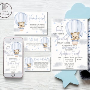Teddybeer in hete luchtballon baby shower uitnodiging, bewerkbaar We kunnen bearly wachten sjabloon set, blauwe wolken ballon jongen baby strooi uitnodigen