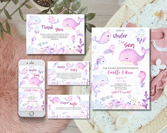 May include: A baby shower invitation set with an "Under the Sea" theme. The set includes an invitation, thank you card, books for baby card, diaper raffle card, and a phone mockup. The design features watercolor illustrations of whales, dolphins, and other sea creatures in shades of purple and blue.