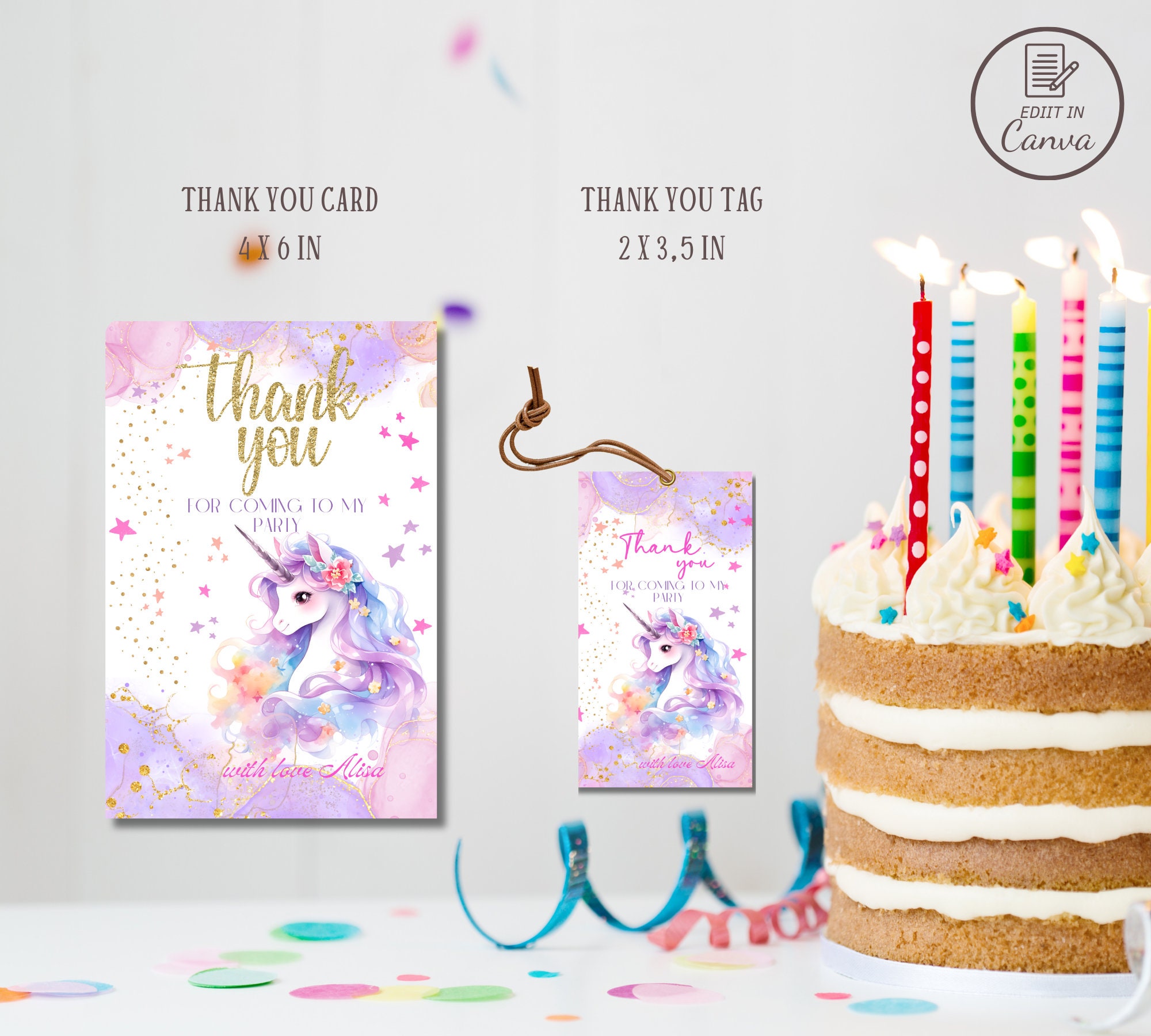 Unicorn Thank You Tag and Thank You Card Templates, Editable Magical ...