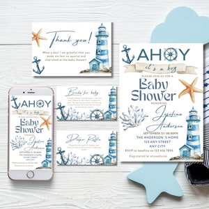 Ahoy c'est un ensemble d'invitations de baby shower de garçon, invitation bleu nautique de saupoudrer de bébé, modèle bleu marine modifiable, evite imprimable de garçon de thème de mer d'océan