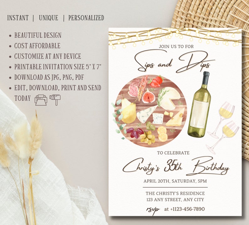 Minimalist Sips and Dips Invitation, Charcuterie Board Birthday Invite