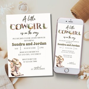 Boho little cowgirl baby shower invitation, Editable Wild west girl invite, Printable country Western sprinkle template, Floral rodeo evite