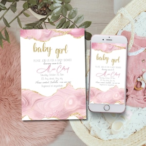Convite minimalista para chá de bebê de menina, convite com glitter editável, convite para comemoração de mamãe rosa e dourada, modelo elegante para festa de recém-nascido