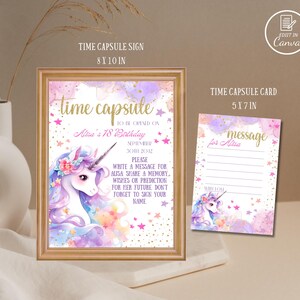 Placa e cartão de cápsula do tempo de unicórnio, modelos de notas correspondentes de cápsula do tempo mágica editáveis para o primeiro aniversário, placa de festa de pônei rosa roxo com glitter