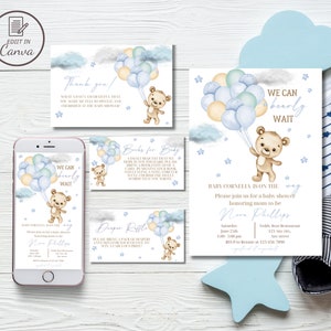 Ours en peluche avec ballons, invitation à une baby shower, ensemble de modèles modifiables Nous pouvons attendre longtemps, invitation à saupoudrer pour bébé garçon ballons ballons bleus