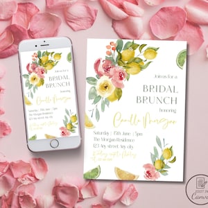 Invitation florale de douche nuptiale d'agrumes, invitation modifiable de brunch de mariée de citrons, evite de bachelorette de fleurs élégantes, fiançailles de printemps d'été