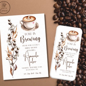 Love is brewing bridal shower invite, Boho cotton flowers bachelorette template, Minimalist bridal coffee invitation, Neutral floral evite