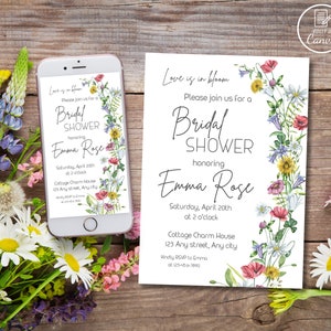 Invitación a la despedida de soltera con flores silvestres, plantilla editable de despedida de soltera con flores de primavera, invitación a fiesta de cumpleaños floral para mujeres, evitas de baby shower
