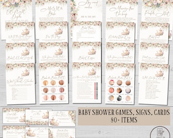 Editable tea time baby shower games Floral baby sprinkle par-tea game bundle Girl boy tea with mom-to-be activity pack Printable cards signs
