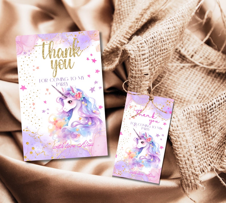 Unicorn Thank You Tag and Thank You Card Templates, Editable Magical ...