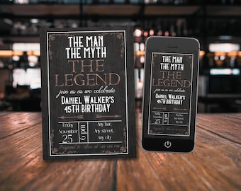 The man the myth the legend birthday invitation, Adult bday party invite, Editable copper evite for men, Surprise birthday template, any age