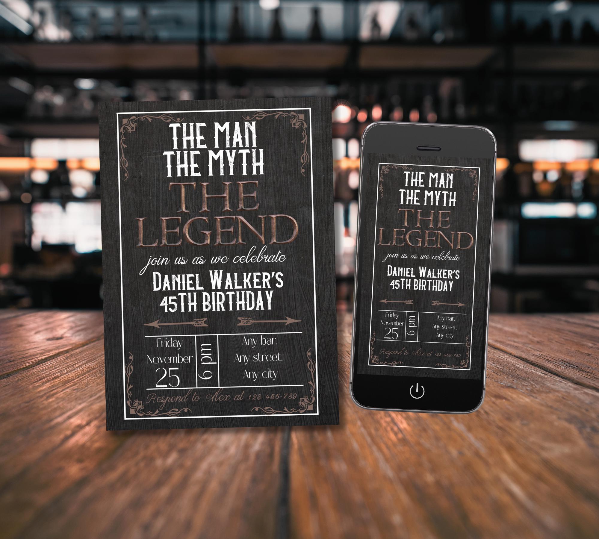 The man the myth the legend birthday invitation, Adult bday party invite, Editable copper evite for men, Surprise birthday template, any age