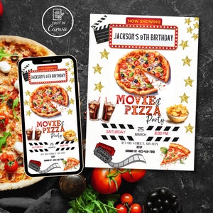 Film- und Pizza-Geburtstagsparty-Einladung, bearbeitbare Kinoabend-Geburtstagseinladung, Heimkino-Ticket, Pizza-Chips-Vorlage, Kinder zwischen Erwachsenen