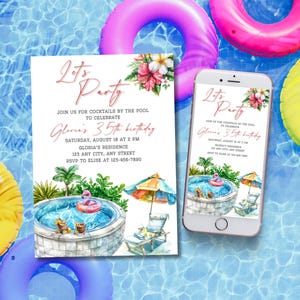 Invito di compleanno per cocktail party in piscina, invito per compleanno estivo modificabile, modello per adulti di nuoto, donne e uomini che nuotano evitati, carta cocktail sulla spiaggia