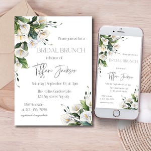 May include: A white and green floral bridal brunch invitation with a white background. The invitation includes the text "Please join us for a Bridal Brunch in honor of Tiffany Jackson" and details about the event, including the date, time, location, and RSVP information.