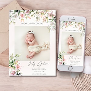 Geboortekaartje lelies Bewerkbare leliebloemen geboortekaartje baby met foto Tuinbloemen geboortekaartje Bloemen pasgeboren kaarten Eerste verjaardag