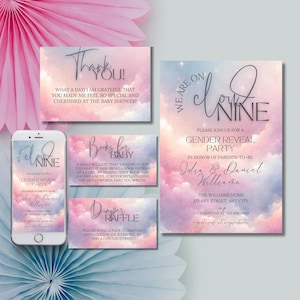 Pack d'invitations pour baby shower, fille et garçon, invitation à saupoudrer de nuages au coucher du soleil