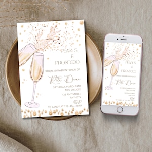 Invitación a la despedida de soltera con perlas y prosecco, plantilla para brunch y despedida de soltera con champán, despedida de soltera minimalista, elegante invitación de cumpleaños con champán