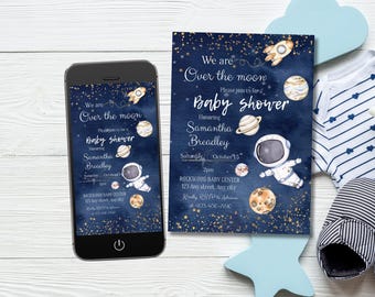 Space boy baby shower invitation, Digital galaxy baby shower invite, Editable astronaut outer space evite, space birthday party template