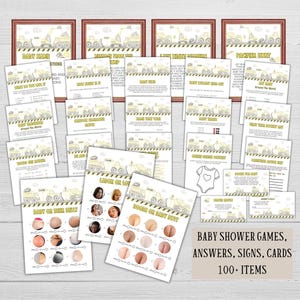 Editable baby under construction games, Yellow trucks sprinkle game bundle, Boy shower party activity pack, Dump mixer bulldozer templates
