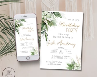 Editable greenery adult birthday party invitation, Eucalyptus greenery birthday evite, Elegant  birthday dinner, Rustic watercolor template