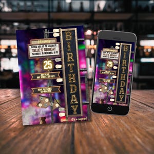 Invitación de fiesta de cumpleaños con luces de marquesina, invitación editable para celebración de cumpleaños de hombres y mujeres, plantilla de cumpleaños para adultos con letras de marquesina, cualquier edad