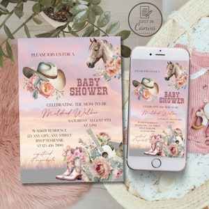 Boho little cowgirl baby shower invitation, Editable Wild west girl invite, Printable country Western sprinkle template, Floral rodeo evite
