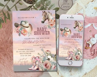 Boho little cowgirl baby shower invitation, Editable Wild west girl invite, Printable country Western sprinkle template, Floral rodeo evite