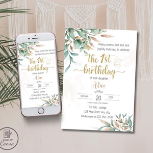 Convite editável para festa de primeiro aniversário com folhagens, Convite para 1º aniversário com folhagens de eucalipto, Convite para brunch de aniversário de bebê, Modelo de jardim rústico