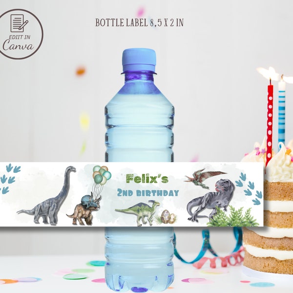 Dinosaurier Wasserflasche Etikettvorlage, bearbeitbarer Dino-Geburtstagsbevorzugungswrapper, bedruckbarer Jurassic-Geschenkdekoraufkleber, T-Rex zwei drei Rex