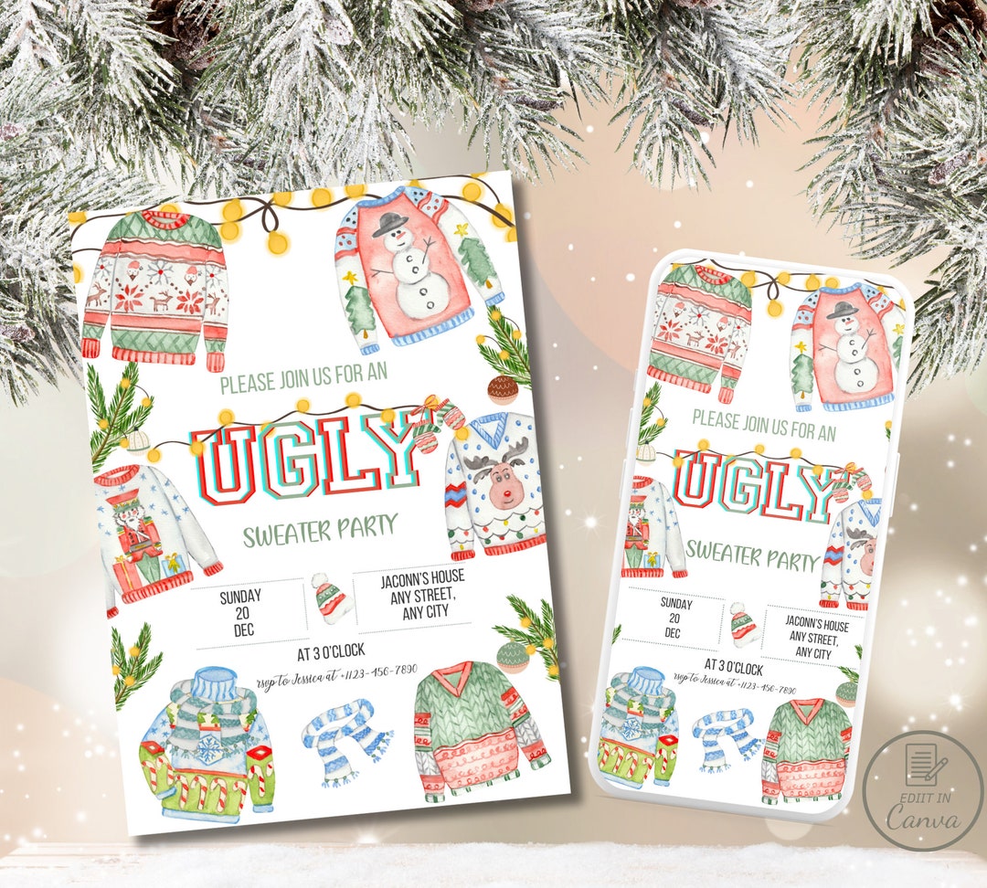 Editable Ugly Sweater Party Invitation Christmas Party Evite Etsy