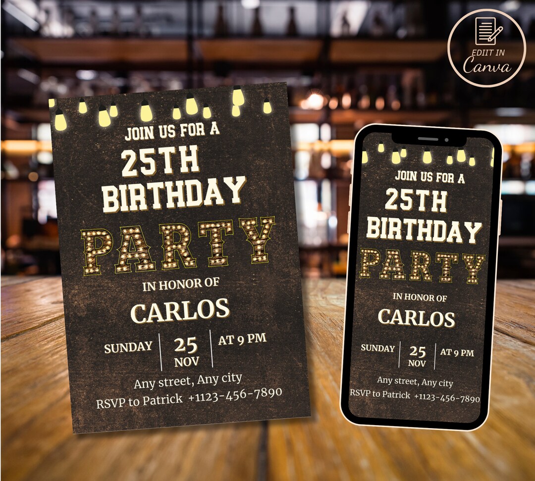 Marquee Lights Birthday Party Invitation, Editable Men and Women ...