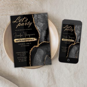 Invitación de celebración de cumpleaños con purpurina para adultos, editable, en dorado negro, para celebrar el cumpleaños, plantilla de teléfono de mármol y ágata para cenas de lujo para hombres y mujeres