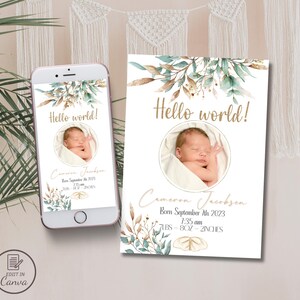 Faire-part de naissance verdure, carte de naissance de bébé eucalyptus avec photo, cartes de naissance élégantes, invitation d'anniversaire feuilles d'or vert, neutre sexiste