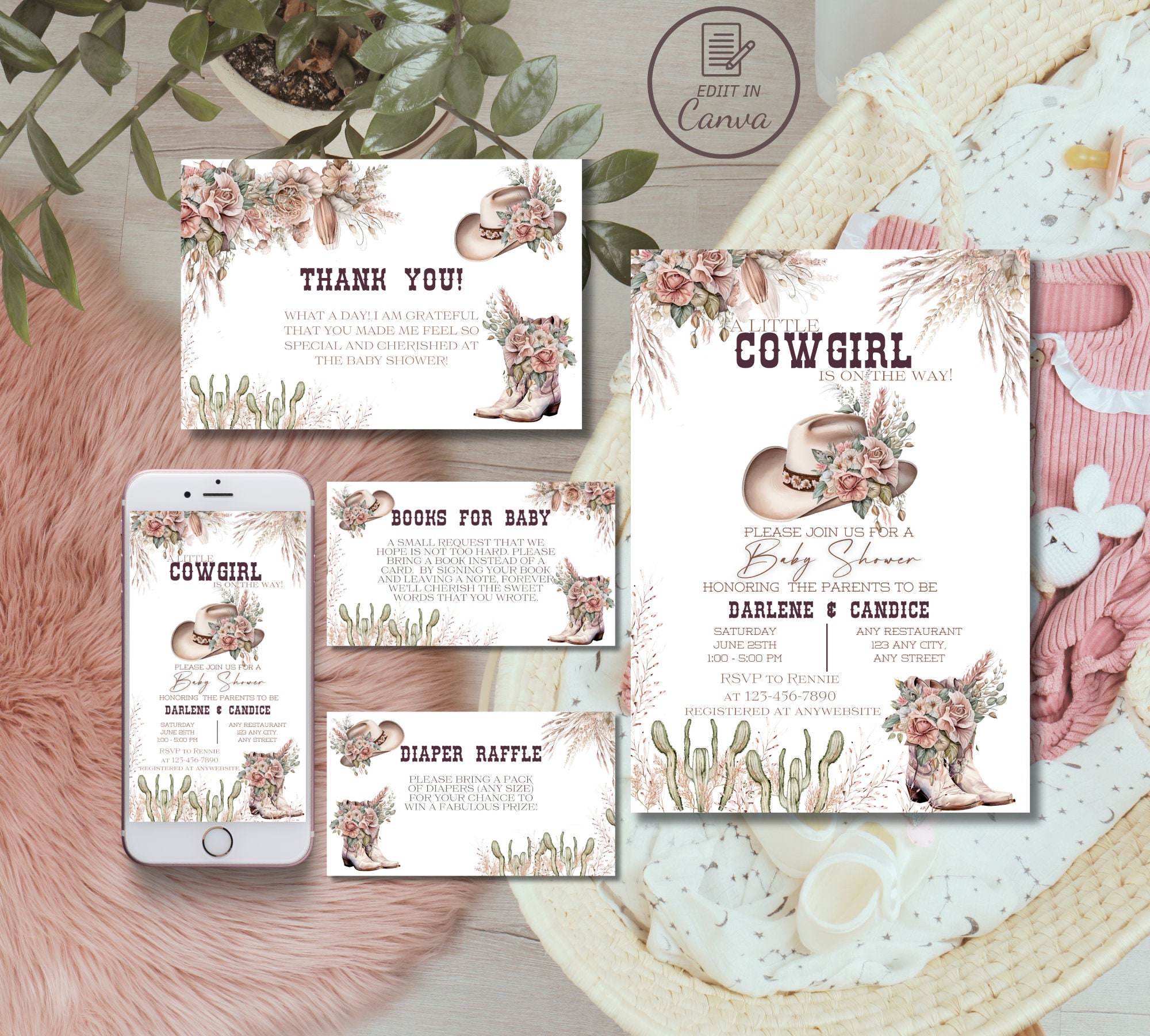 Boho little cowgirl baby shower invitation Editable Wild west girl invite set Printable country Western sprinkle template Floral rodeo evite