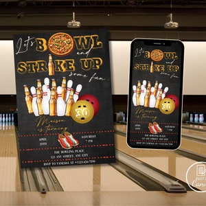 Let’s bowl and strike up some fun invite, Bowling party invitation, Editable beer and pizza adult birthday invite, mens womens bday template