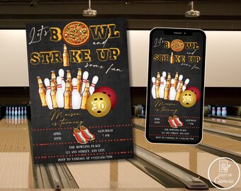 Let’s bowl and strike up some fun invite, Bowling party invitation, Editable beer and pizza adult birthday invite, mens womens bday template