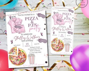 Pizza and pajamas party invitation, Girls sleepover birthday invite, Editable slumber bday evite, Pizza making party template, kid teenage