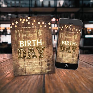 Invitación de fiesta de cumpleaños con luces de marquesina, invitación de celebración de cumpleaños editable para hombres y mujeres, plantilla de cumpleaños para adultos con letras de marquesina, teléfono evite