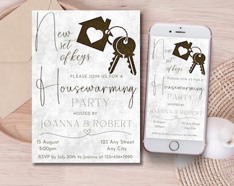 May include: A housewarming party invitation with a brown house and keys graphic. The invitation reads "New set of keys. Please join us for a housewarming party hosted by Joanna & Robert. 15 August 5:00pm. 123 Any Street Any City. RSVP by July 20th to Joanna at 123-456-7890."