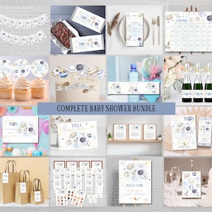 Complete Space theme baby shower invitation bundle, Editable astronaut party supplies, Huston we have a boy baby sprinkle galaxy printables