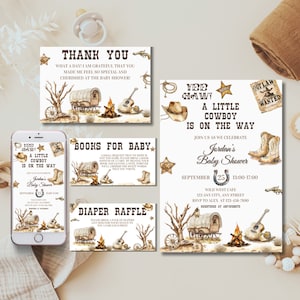 Ensemble d'invitation de baby shower de petit cow-boy bohème, invitation de garçon du Far west modifiable, modèle imprimable de saupoudrer de country western evite de rodéo moderne