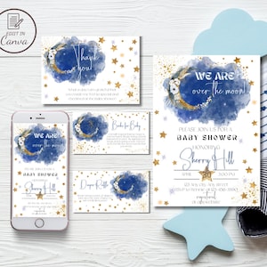 We zijn dolgelukkig jongen baby showeruitnodiging, blauwe hemel baby strooi telefoon uitnodigen bewerkbare twinkle little star sjabloon Cloud stars evite