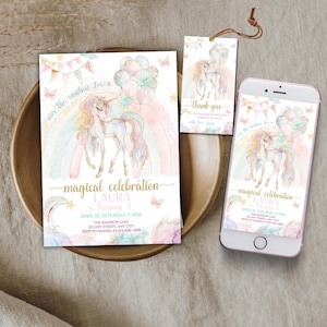 Bearbeitbare Einhorn-Geburtstagseinladung, druckbare süße Einhorn-Party einladen, Mädchen magischer Tag Telefonvorlage, Pastellregenbogen-Geschenkanhänger