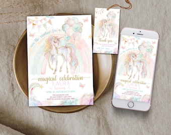 Bewerkbare verjaardagsuitnodiging eenhoorn, afdrukbare schattige eenhoorn verjaardagsuitnodiging, telefoonsjabloon magische dag meisjes, pastel regenboog gunsttag