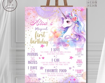 Unicorn first birthday milestone poster, Editable magical 1st birthday milestone board template Printable glitter pony signs Chalkboard sign