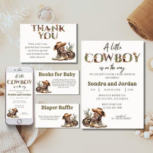Petite invitation minimaliste de baby shower de cow-boy, invitation modifiable de garçon de Boho far west, modèle imprimable de saupoudrage de country western rodeo evite