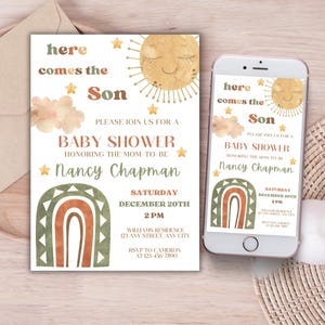 Hier komt de zoon-babyshoweruitnodiging, bewerkbare boho zonneschijn babyshowersjabloon, retro zon regenboog boho jongen verjaardag telefoon evite