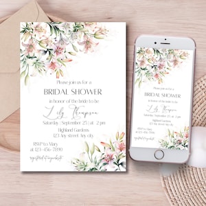 Brautpartyeinladung Wasserfarben Lilien Blumen Baby bestreuen einladen Gartenblumen Geburtstagskarte Floral bachelorette evite