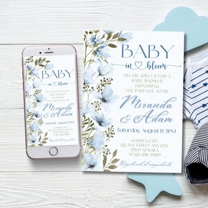 Convite para bebê menino em flor, convite para chá de bebê com flores silvestres azuis, modelo editável de flor do prado para bebê, evite brunch floral para bebê